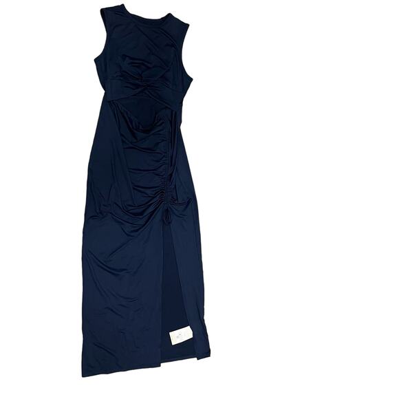 HALARA Twisted Cut Out Ruched Drawstring Split Hem Bodycon Dress Blue L NEW - Picture 4 of 8